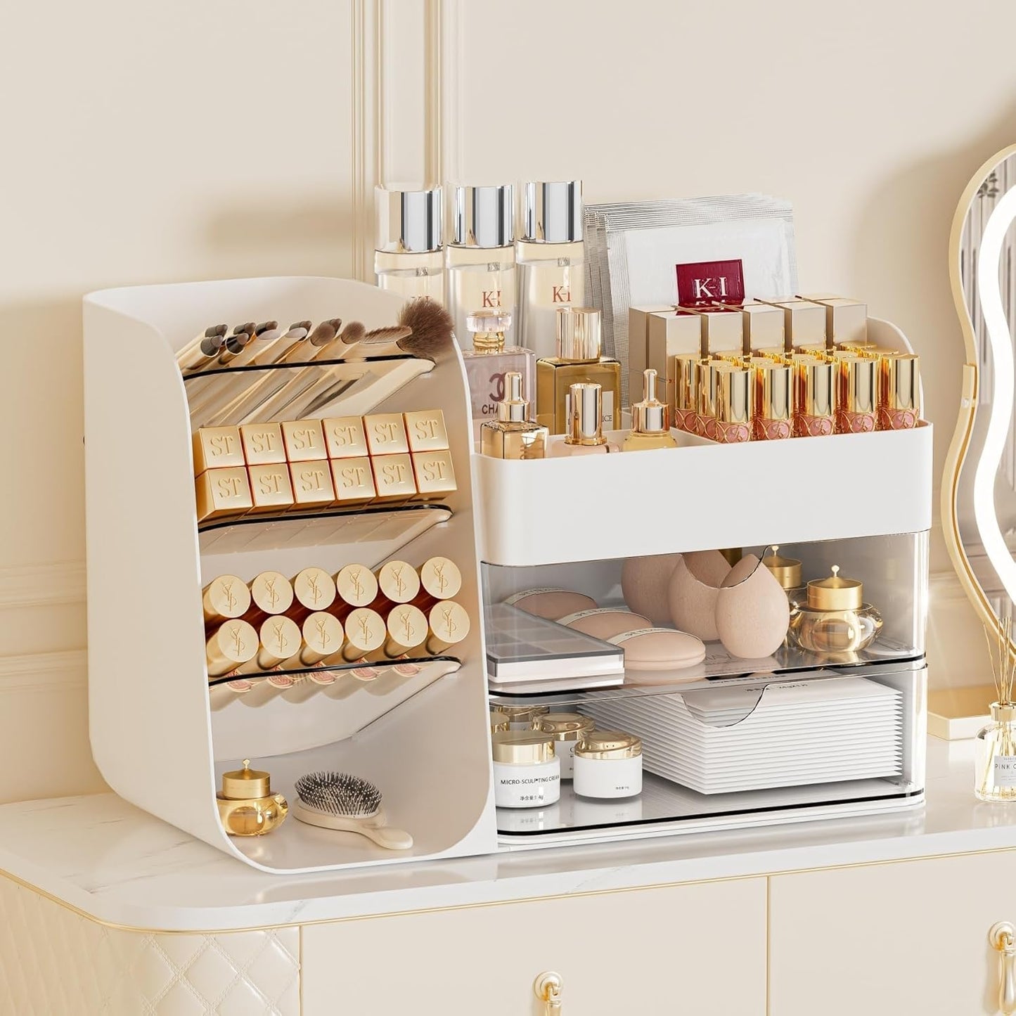 Booklov Makeup Organizer for Vanity, Countertop Cosmetic Display Case with Clear Acrylic Drawers, Bathroom Counter Beauty Caddy, Cute Table Storage Holder for Skincare, Brush Lipsticks, Crystal White