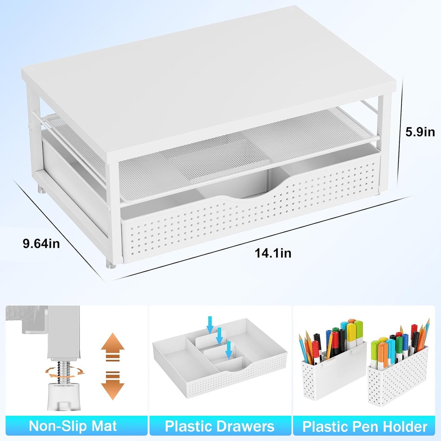 gianotter Wood Monitor Stand Riser, Office Desk Shelf Organizer, Desk Organizer with Drawer and Pen Holder, 2-Tier Computer Stand, Office Organization (Ink)