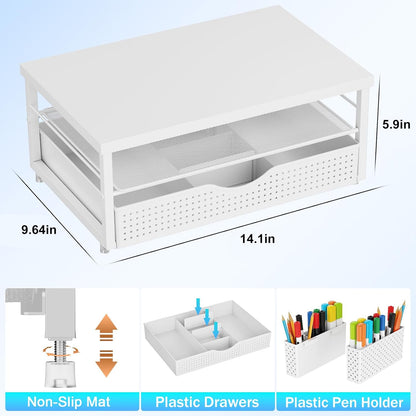 gianotter Wood Monitor Stand Riser, Office Desk Shelf Organizer, Desk Organizer with Drawer and Pen Holder, 2-Tier Computer Stand, Office Organization (Ink)