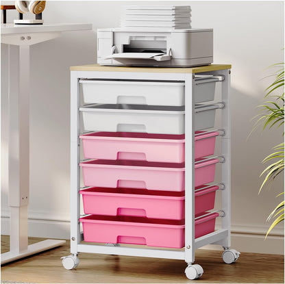 SYKIARIOL Rolling Storage Utility Cart with 6 Drawers and Wooden Tabletop for Under Desk Storage,White