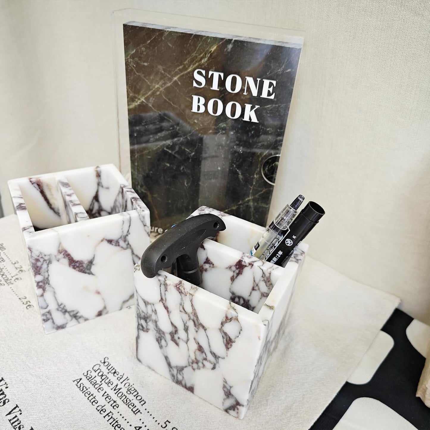 Marble Pen Holder, White Stone Rectangular Desktop Organizer, Office Study Makeup Brush Storage, Home Desk Decor, Minimalist Design, Durable Marble Accessory
