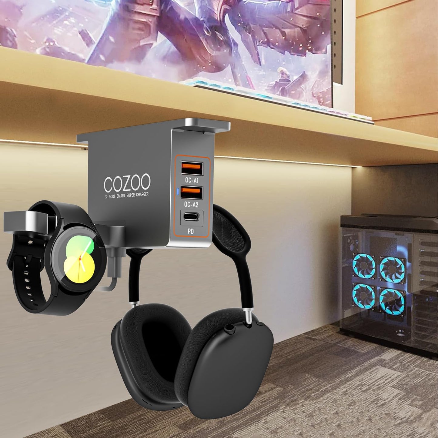 cozoo Headphone Stand with USB Charger Under Desk Headset Holder Mount 3 USB Charging Station,iWatch Stand Watch Dock Dual Earphone Hanger Hook,PC Accessories Gifts,UL Tested