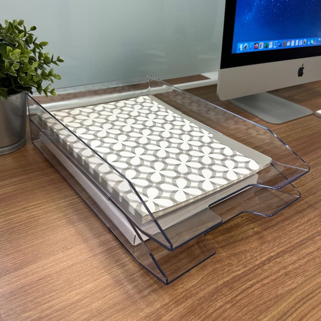 Acrimet 2 Tier Paper Organizer Letter Tray - Plastic Stackable Desk File Organizer, Front Load Paper Sorter Organizer for Letter/A4 Office File Folder Holder - Clear Crystal