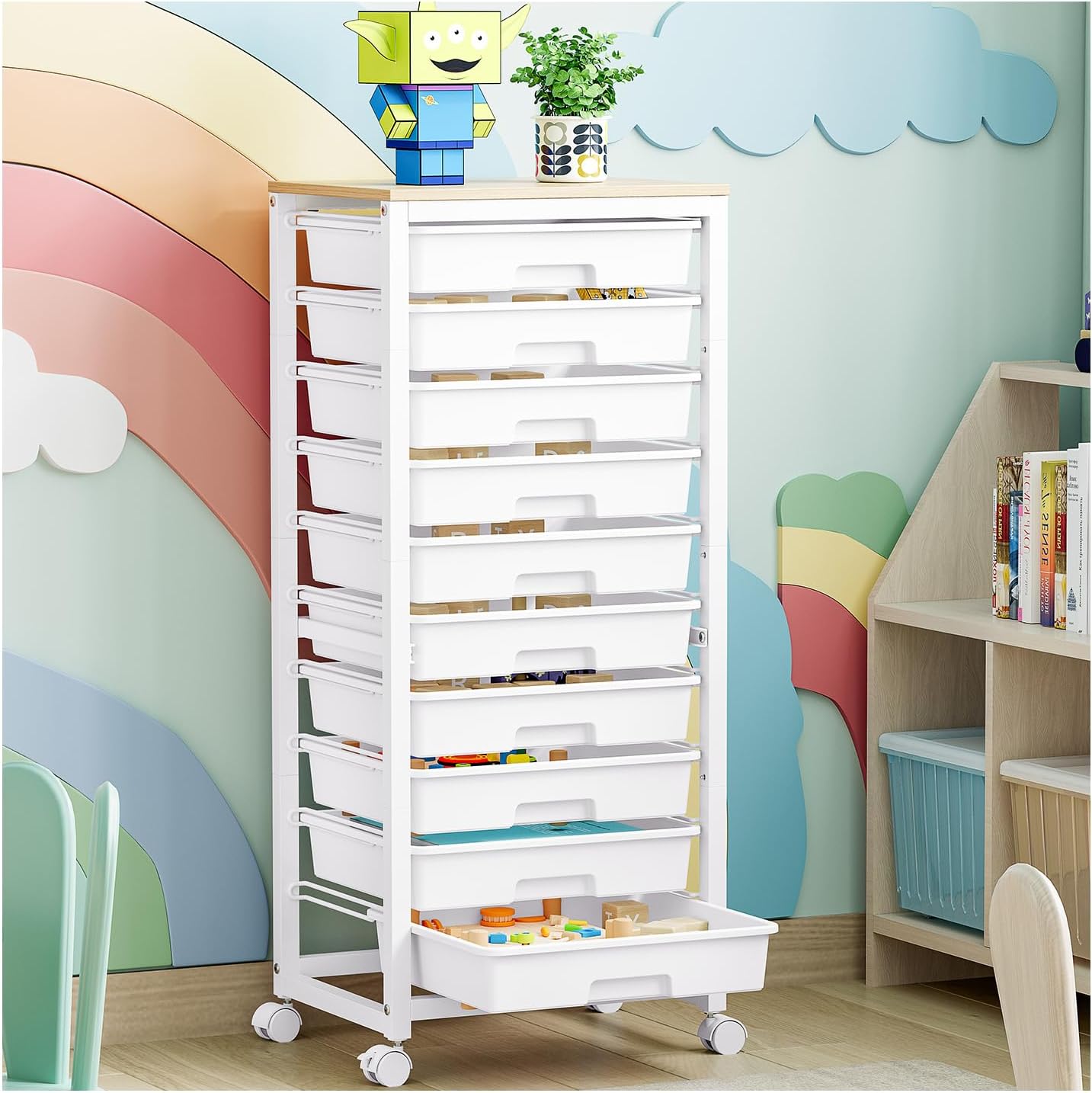 SYKIARIOL Rolling Storage Utility Cart with 6 Drawers and Wooden Tabletop for Under Desk Storage,White