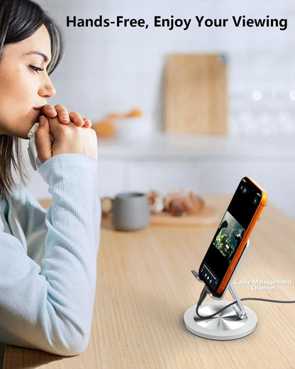 Phone Stand for Desk, 360° Rotating Dual Adjustable Foldable Holder, Heavy Solid All-Aluminum Base Anti-Slip Stable Support for Home Office Study, Fits iPhone Galaxy 4-8" Phones (Silver)