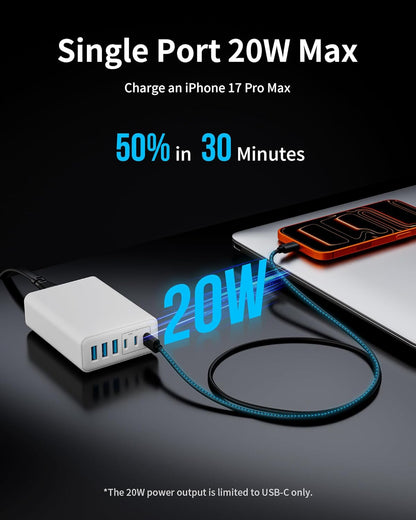 105W USB C Fast Charger, 6-Port Desktop GaN USB Charging Station Hub, USB C Charger Block Wall Charger for iPhone 17/16/15/14/13/12/11, iPad, Samsung and More (Cable Organizer Included)