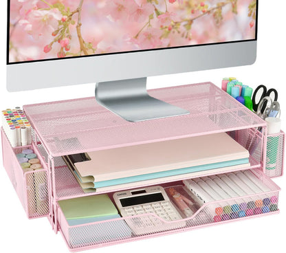 AUPSEN Wood Desk Organizers and Accessories, 2-Tier Computer Monitor Stand Riser with Drawer, Pen Storage & Phone Holder, Office Desk Accessories, Workspace Desktop Organization for Office Supplies（Brown）
