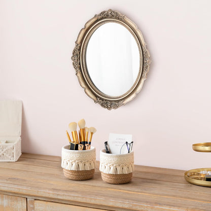 Mkono Macrame Makeup Brush Holder Organizer Comb Brushes Mini Storage Basket Set of 2 Boho Decor Baskets for Pen Pencil Box Container ,Ivory