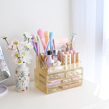 Ikee Design Acrylic Makeup Organizer with 4 Drawers and Removable Top Lipstick Holders, Ideal for Make-up or Accessories,Enhance Your Vanity or Bathroom with Clear Design for Quick Visibility