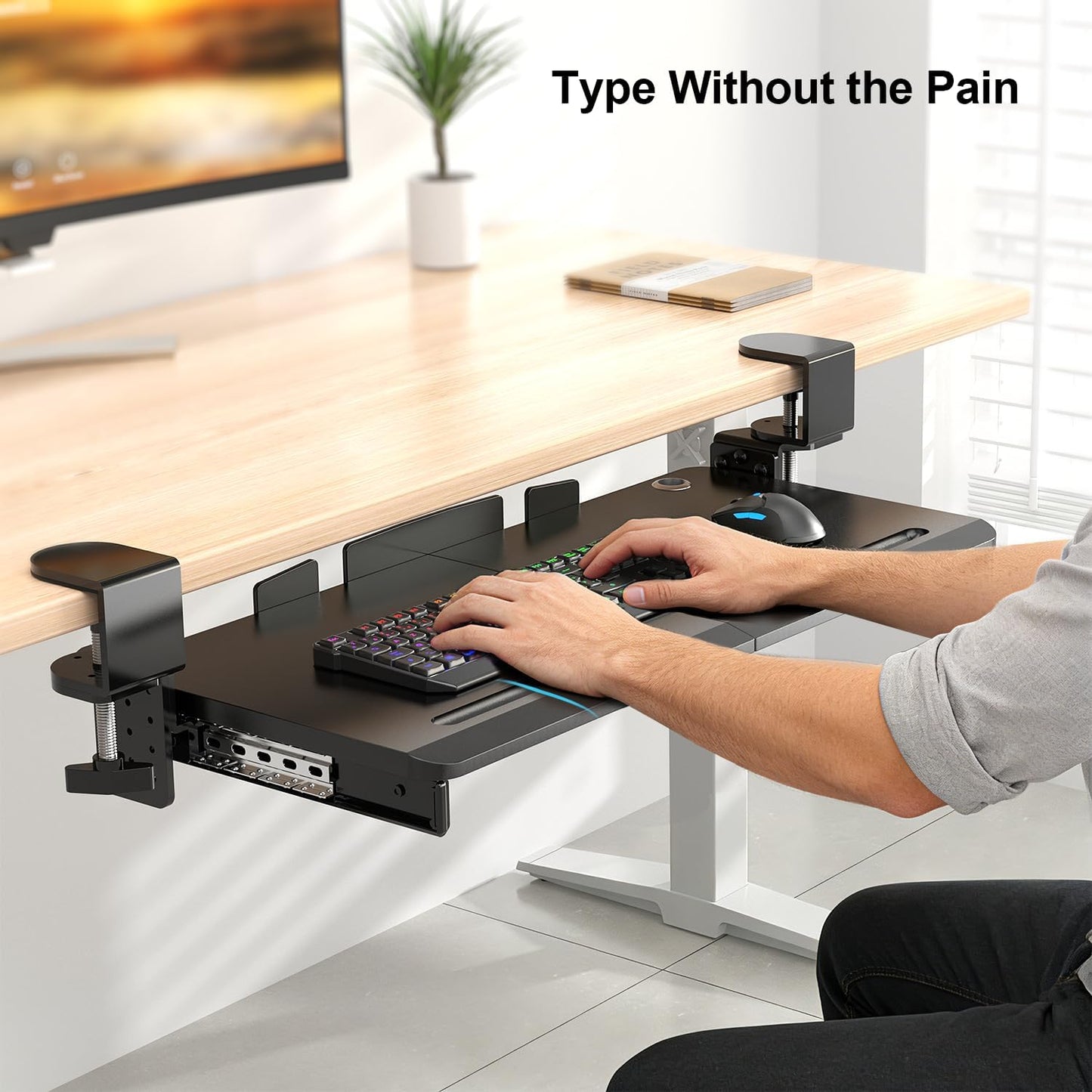 Supcline Keyboard Tray Under Desk with 60° Swivel C-Clamp & Height Adjustment for Corner Desk, 25.6 x 11.8 in Slide Out Keyboard Mouse Platform for l-Shaped & L-Shaped Table, Pull Out Keyboard Drawer