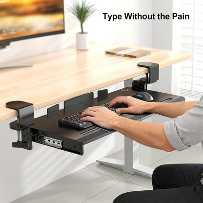 Supcline Keyboard Tray Under Desk with 60° Swivel C-Clamp & Height Adjustment for Corner Desk, 25.6 x 11.8 in Slide Out Keyboard Mouse Platform for l-Shaped & L-Shaped Table, Pull Out Keyboard Drawer