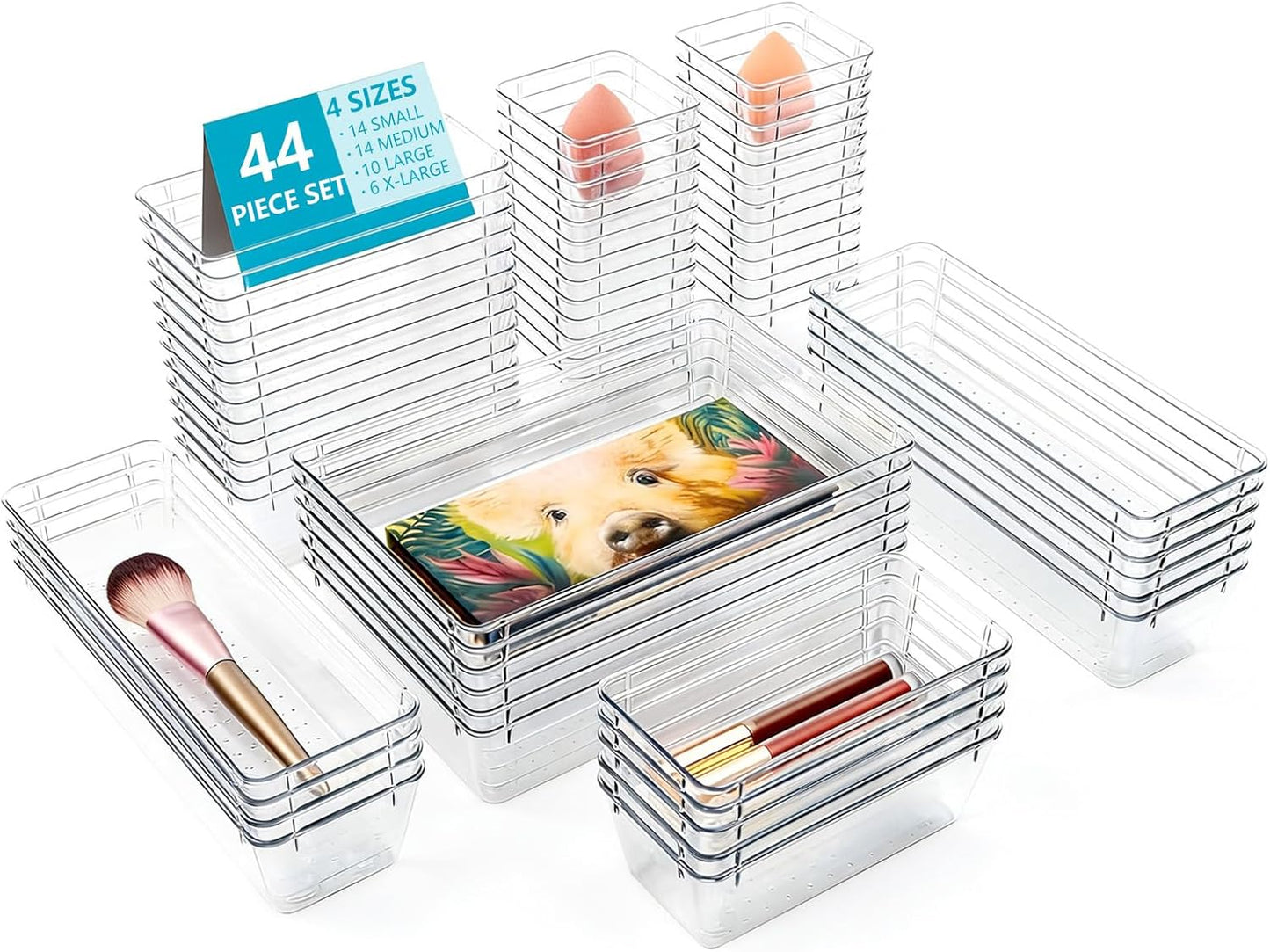 Clear Drawer Organizers Set of 13, 5-Size Vanity Organizer Trays, Stackable Bathroom & Desk Drawer Organizer for Makeup, Jewelry, Kitchen Utensils, Office Supplies and Small Gadgets Storage