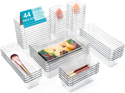 Clear Drawer Organizers Set of 13, 5-Size Vanity Organizer Trays, Stackable Bathroom & Desk Drawer Organizer for Makeup, Jewelry, Kitchen Utensils, Office Supplies and Small Gadgets Storage
