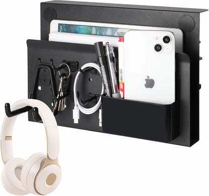 Desk Side Storage with Pen Holder, No Drill Hanging Desk Organizer Under Desk Storage Mount, Clamp-On Laptop Holder Table Side Tray Desktop Organization for Office and Home (Black)