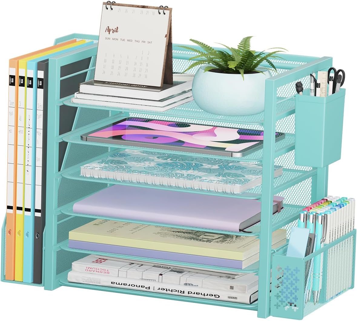 Simple Trending 6 Tier Desk File Organizer, Paper Letter Tray Organizer with File Holder and Pen Container, Black