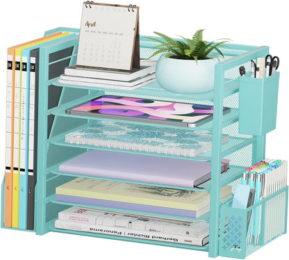 Simple Trending 6 Tier Desk File Organizer, Paper Letter Tray Organizer with File Holder and Pen Container, Black