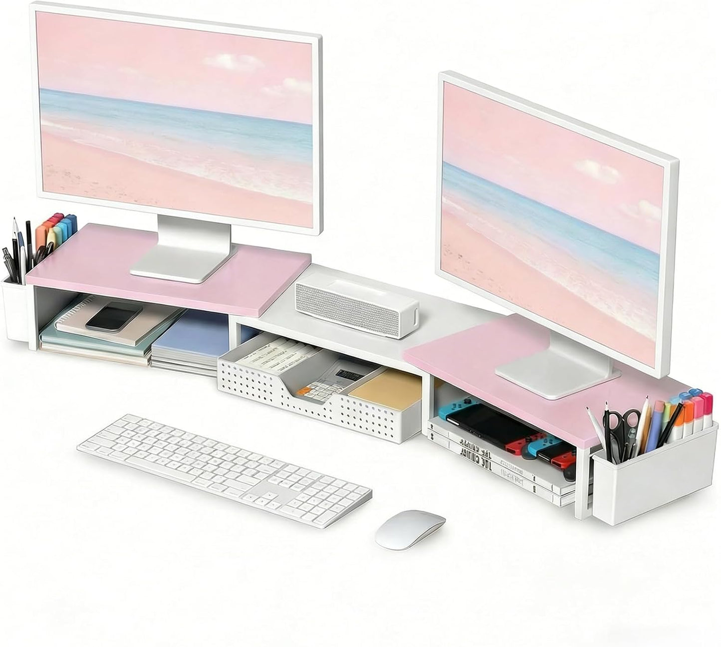 OPNICE Clear Acrylic Desk Organizers and Accessories, Dual Monitor Stand Riser with Drawer, Desk Shelf Computer Racks for Office Workspace Organizers, Desktop Organization (Transparent)
