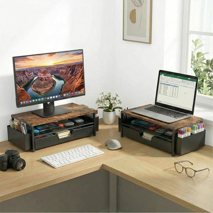 ECOLOVI Desk Organizer and Accessories, 2-Tier Computer Monitor Stand Rise with Storage Drawer & 2 Pen Holders, Laptop & Printer Stand for Desktop, Workspace Organizers for Office Supplies (Blue)
