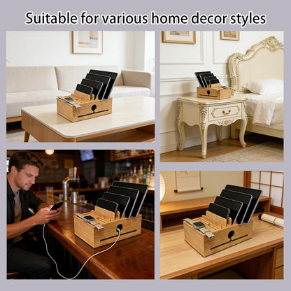 Bamboo Charging Station Organizer for Multi-Devices with Tray, Nightstand Desk Electronic Organizer Stand for Cell Phone, Tablet, Etc (with 5-Cable, No USB Charger)