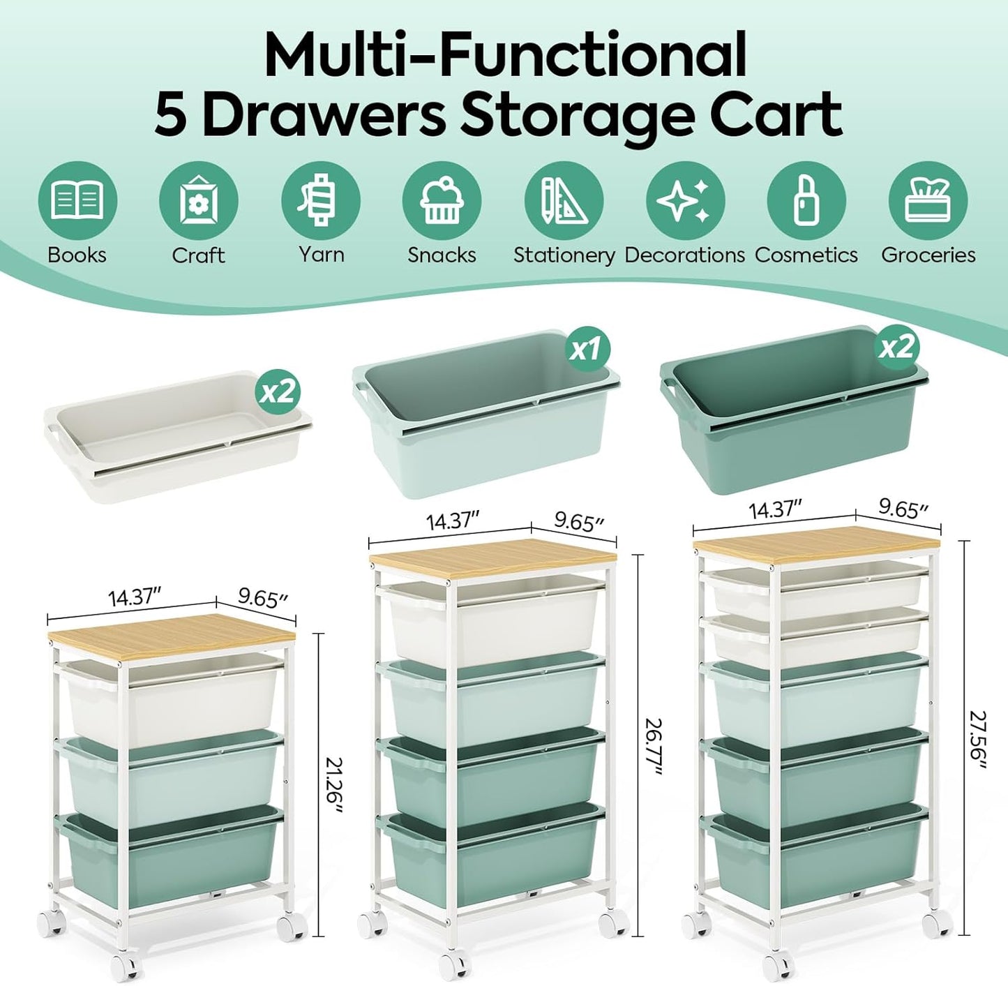 Rolling Storage Cart with 3 Drawers, Craft Organizer, Wooden Tabletop Utility Cart for Bedroom, Children's Room and Office Organization, Under Desk Trolley with Lockable Wheels,White