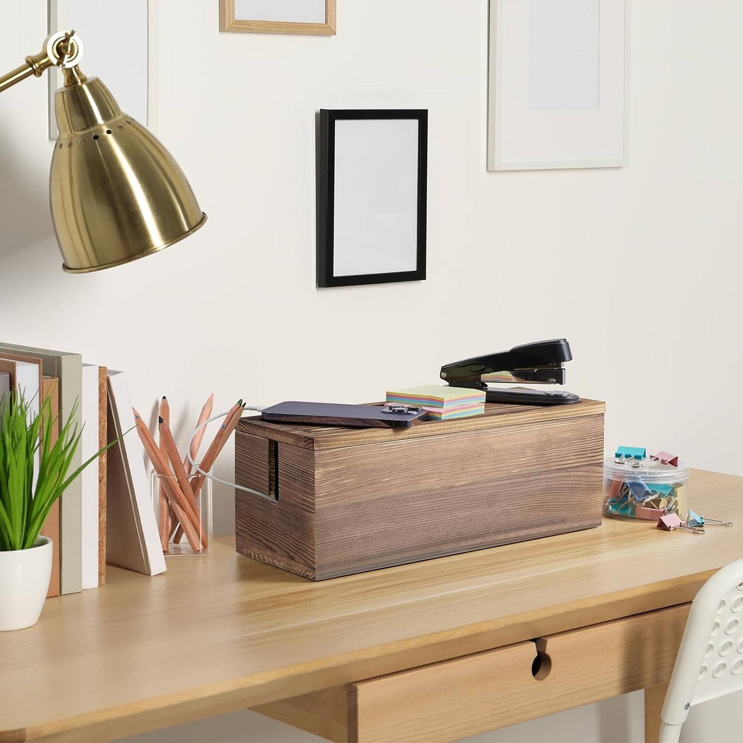 Bivvclaz Large Cable Management Box, Wooden Cord Organizer Box for Desk, Floor, Office to Hide Extension Cords Power Stripes Surge Protectors Chargers Wires, Black