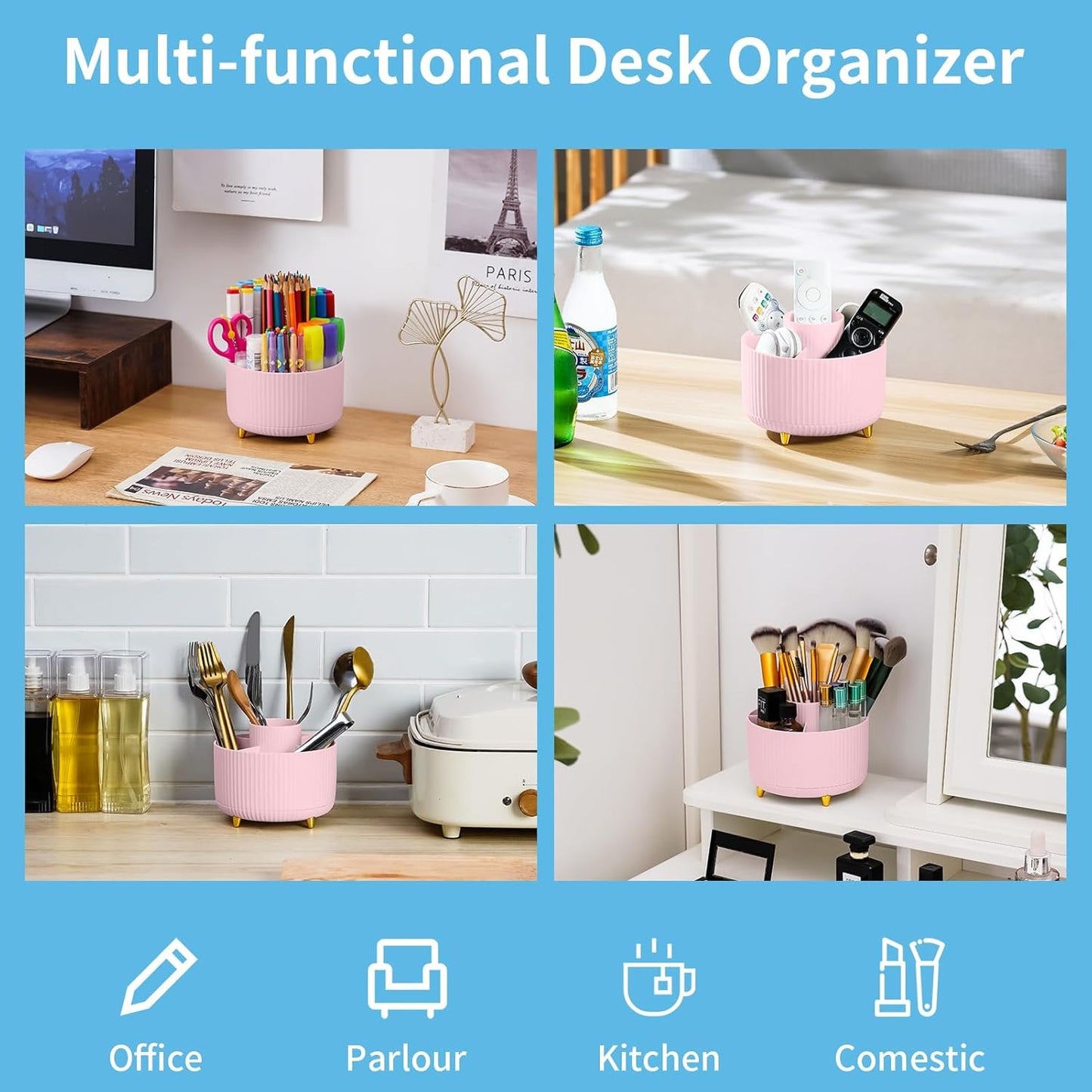 Marbrasse Desk Organizer, 360-Degree Rotating Pen Holder, Desk Organizers and Accessories with 5 Compartments Pencil Holder, Art Supply Storage Box Caddy for Office, Home（White）