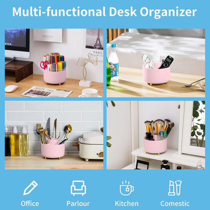 Marbrasse Desk Organizer, 360-Degree Rotating Pen Holder, Desk Organizers and Accessories with 5 Compartments Pencil Holder, Art Supply Storage Box Caddy for Office, Home（White）