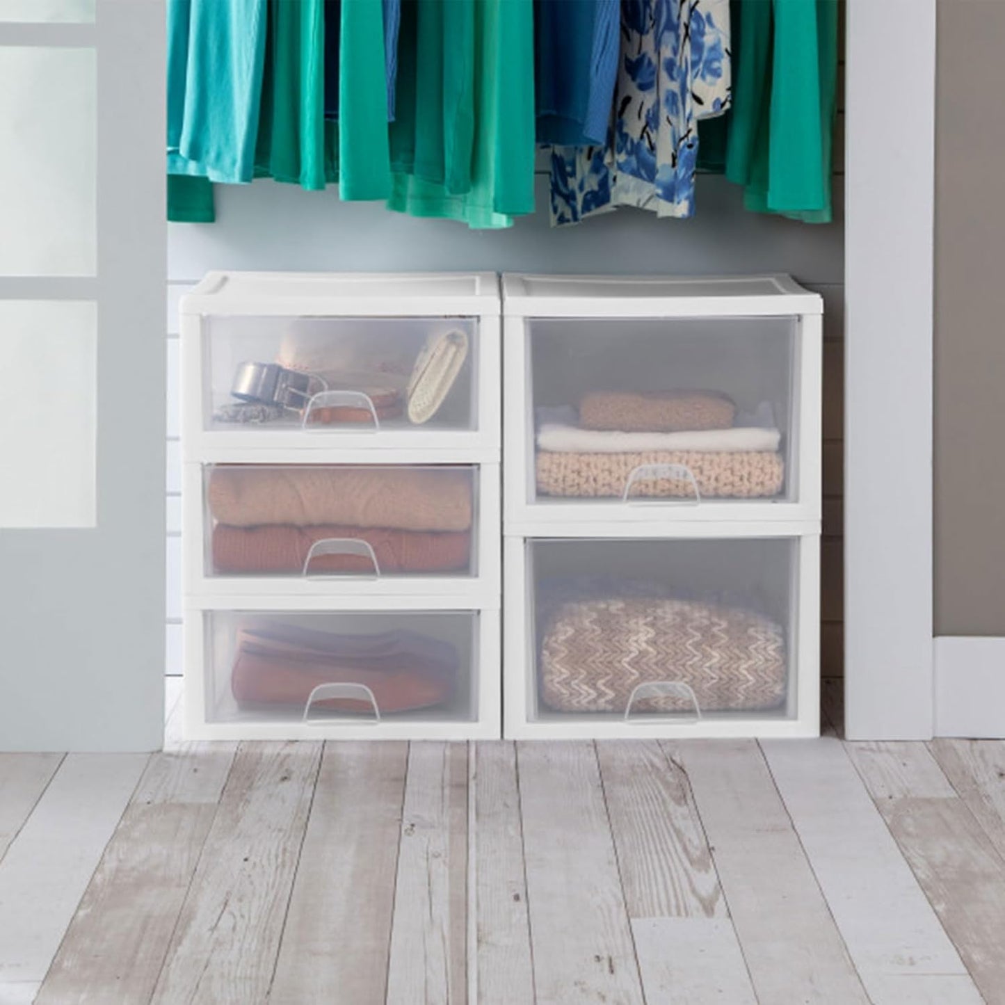 Sterilite 6-Pack 6 Quart Stacking Drawer, Clear Storage Closet Organizer, White Frame - Stackable Modular Plastic Drawers for Clothes, Accessories, Craft Supplies, Shoes or Linens