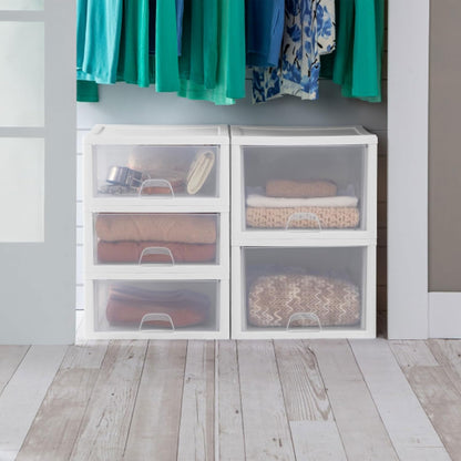 Sterilite 6-Pack 6 Quart Stacking Drawer, Clear Storage Closet Organizer, White Frame - Stackable Modular Plastic Drawers for Clothes, Accessories, Craft Supplies, Shoes or Linens