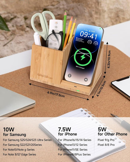 Bamboo Pen Holder for Desk & Nightstand Organizer with Fast Wireless Charging for iPhone, Samsung & More – Office Desk Accessories for Men/Women (Natural)
