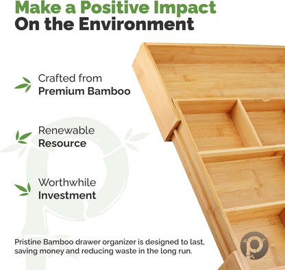 Pristine Bamboo Expandable Drawer Organizers for Kitchen - Extra Deep Non-Slip 17” x 14.6” (expands up to 25 inches) - Dark Wooden Silverware Divider (10 Compartments) – Organize Cooking Utensils
