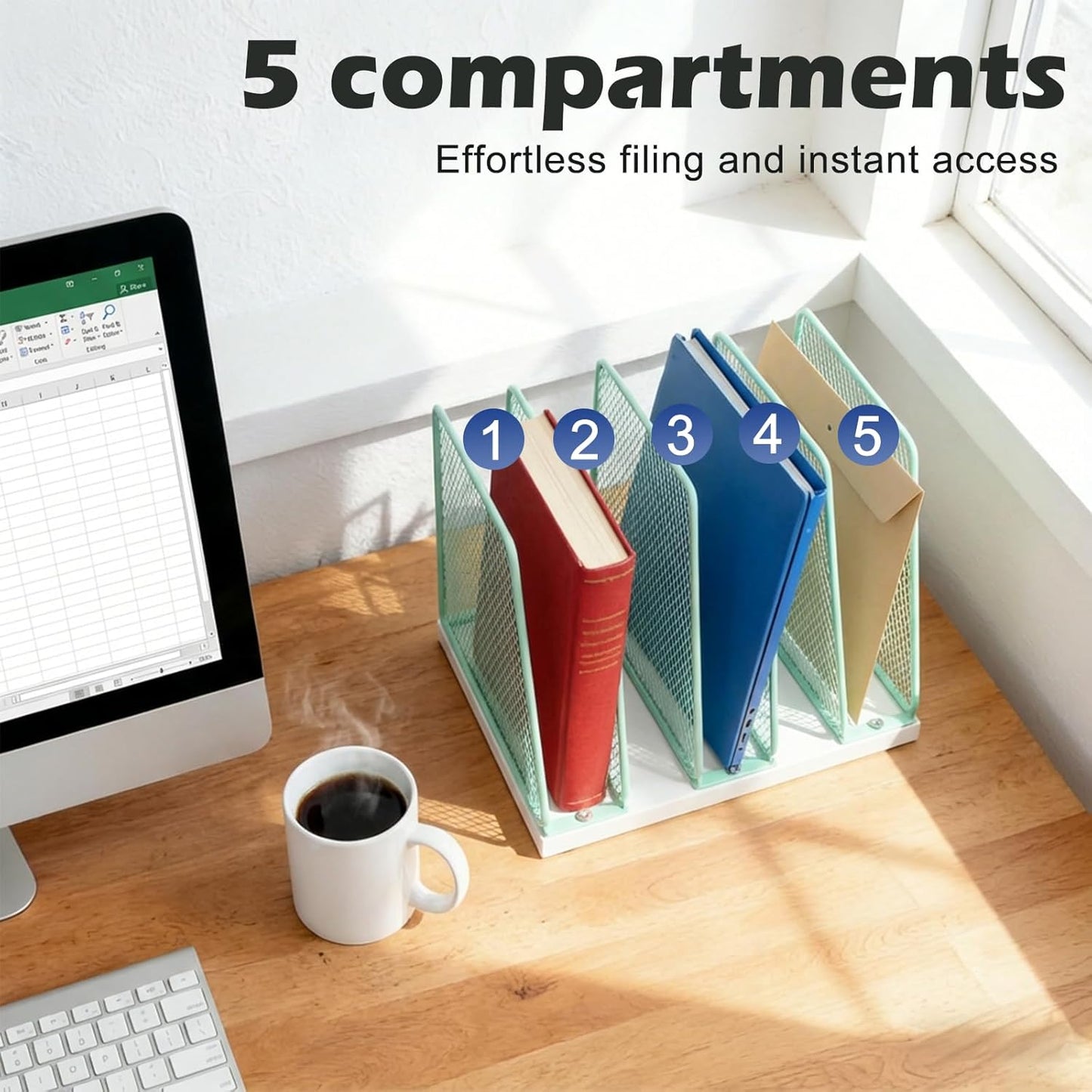 AUPSEN 5-Section Gold File Organizer for Desk, Wood Mesh Desktop File Organizer, File Sorter Storage Rack, Vertical Folder Holder for Files, Magazines, Books (Gold)