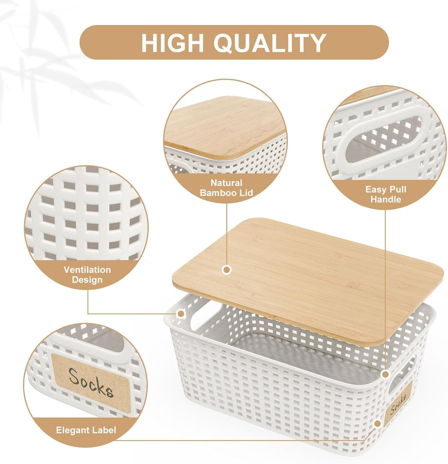 6Pcs Storage Bins with Lids, Stackable Plastic Storage Basket with Bamboo Lid, Pantry Organizer Box Small Containers for Organizing Shelves Drawer Desktop Closet Cabinet Office Classroom 10x7.1x4.1in