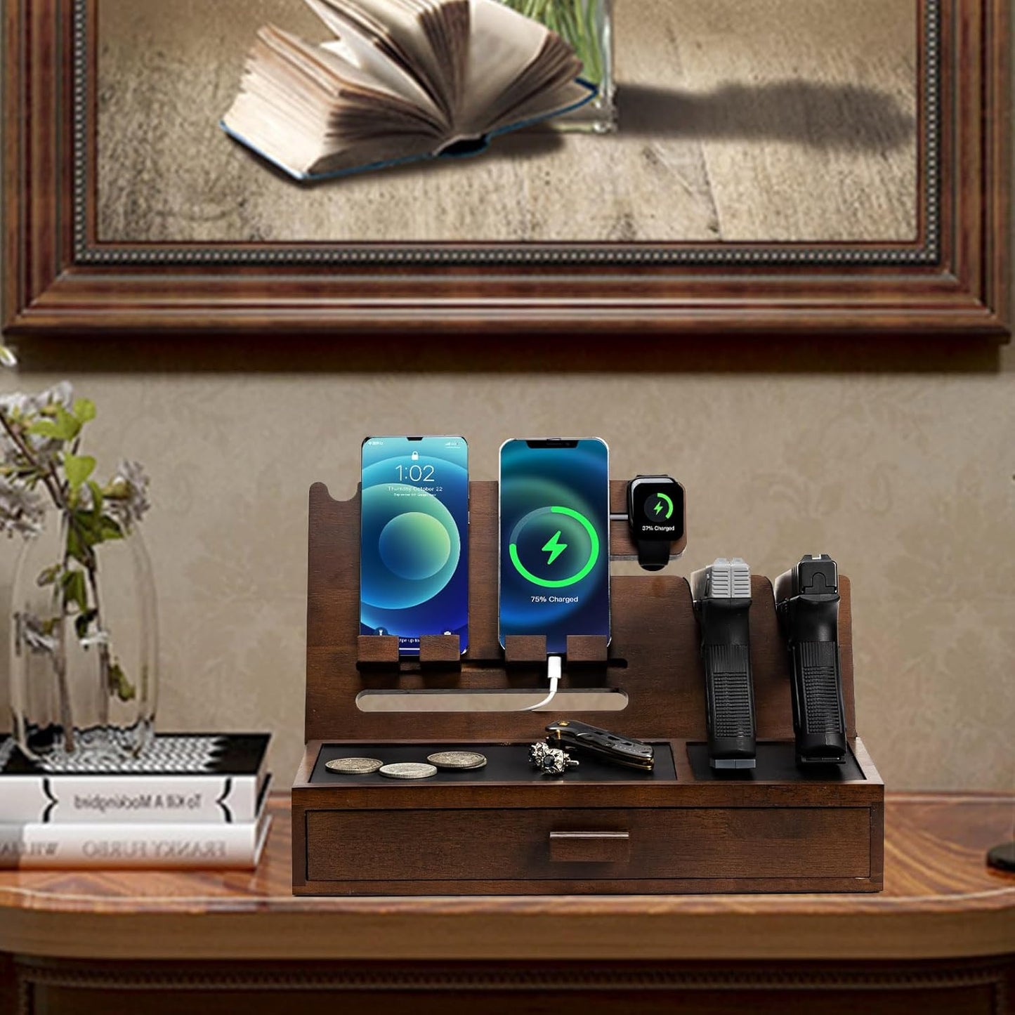 DGWJSU Phone Docking Station as Gifts for Men, Wood Pistol Rack As Nightstand Organizer for Gun Safe, Phone Charging Station as Gifts for Him Boyfriend Husband Father in Anniversary Birthday Christmas