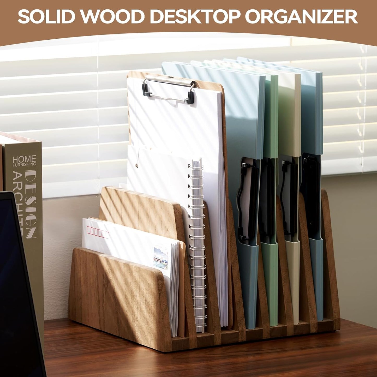 KIRIGEN Desktop File Document Holder Stand 7 Slots Mail Paper Organizer Desk Sorter Holder for File Document Organizer Stand for Home Office Natural (7KWJJ-NA)