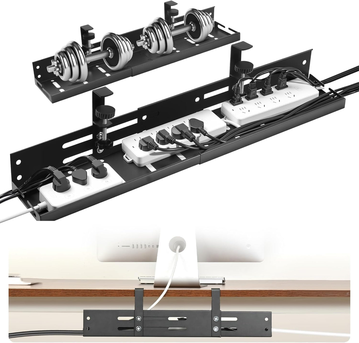 No Drill Under Desk Cable Management Tray, 17”-30” Retractable Cord Organizer for Table, Clamp Mount Wire Basket, Power Strip Holder & Metal Cord Organizer for Office, Home