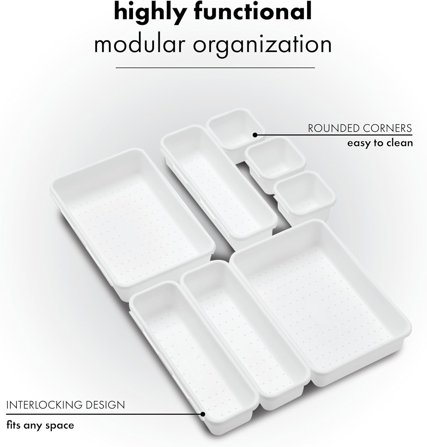 madesmart 8 Piece Interlocking Bin Pack, Modular Drawer & Desktop Organizer for Office Supplies, Tools, Kitchen Utensils & Bathroom Items, Configurable Storage System, White