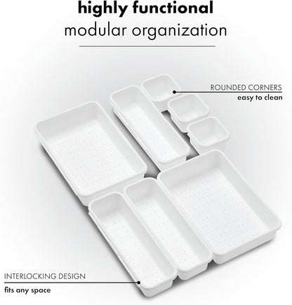 madesmart 8 Piece Interlocking Bin Pack, Modular Drawer & Desktop Organizer for Office Supplies, Tools, Kitchen Utensils & Bathroom Items, Configurable Storage System, White