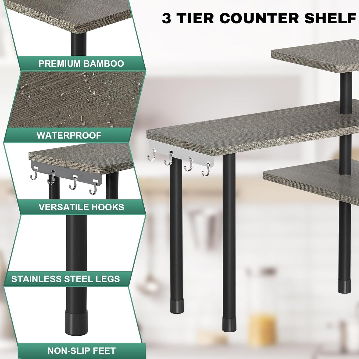 ZHWS Kitchen Countertop Organizer Spice Rack for Salt, Bathroom Counter Organizer Over Sink for Makeup, Skincare, Adjustable 3-Tier Corner Counter Shelf with 4 Hooks for Coffee Bar Dresser Table