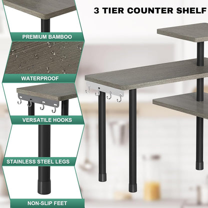 ZHWS Kitchen Countertop Organizer Spice Rack for Salt, Bathroom Counter Organizer Over Sink for Makeup, Skincare, Adjustable 3-Tier Corner Counter Shelf with 4 Hooks for Coffee Bar Dresser Table