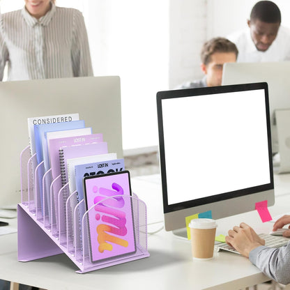 Inclined Desk File Organizer Metal Desk Magazine Folder Holder with 8-Section Vertical Compartments Rack File Organizer for Office, Home, School, Black