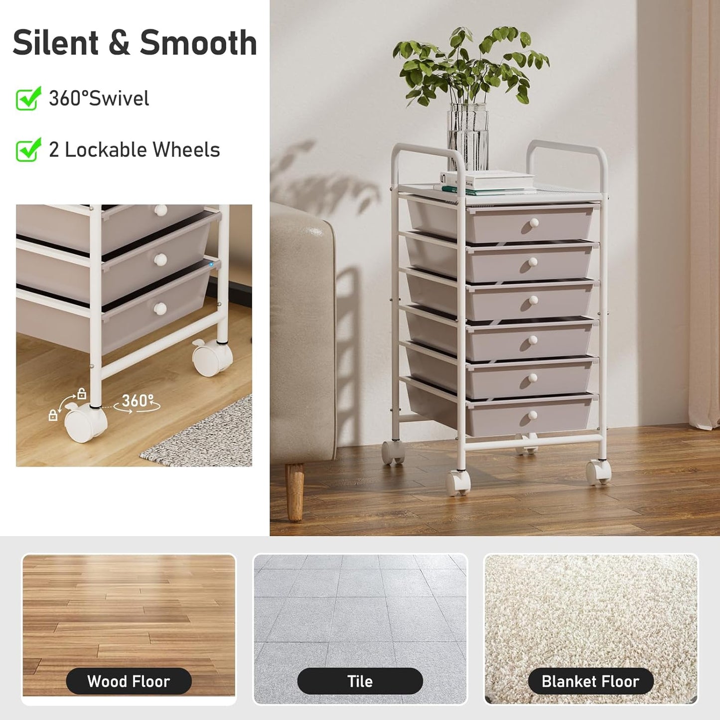 4-Tier Utility Cart with 4 Drawers, Rolling Utility Cart with 2 Lockable Caster Wheels, Multipurpose Mobile Rolling Drawer Cart for Office Bathroom Kitchen, Ivory White