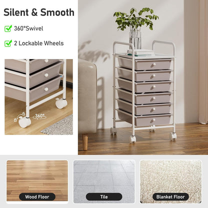 4-Tier Utility Cart with 4 Drawers, Rolling Utility Cart with 2 Lockable Caster Wheels, Multipurpose Mobile Rolling Drawer Cart for Office Bathroom Kitchen, Ivory White