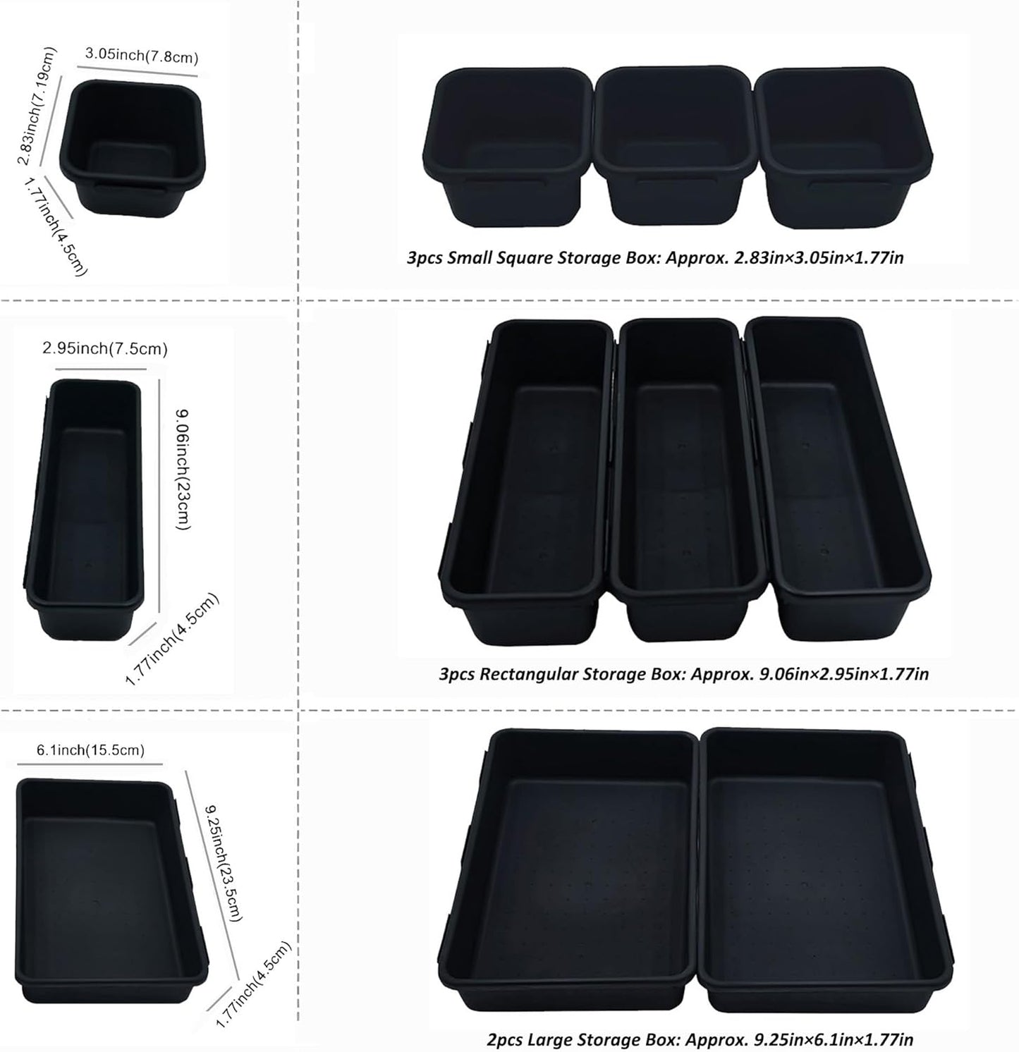 U-KIME 8-Piece Interlocking Drawer Organizer Trays, Black Plastic Modular Storage Bins for Kitchen, Bathroom, Office & Desk Drawers