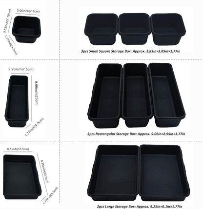 U-KIME 8-Piece Interlocking Drawer Organizer Trays, Black Plastic Modular Storage Bins for Kitchen, Bathroom, Office & Desk Drawers