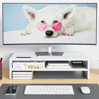 BONTEC Wooden Monitor Stand Riser, 2-Tier Desk Shelf with Storage Organizer, Ergonomic Computer Stand with Cable Management, Cellphone Holder, White, 16.5 Inch