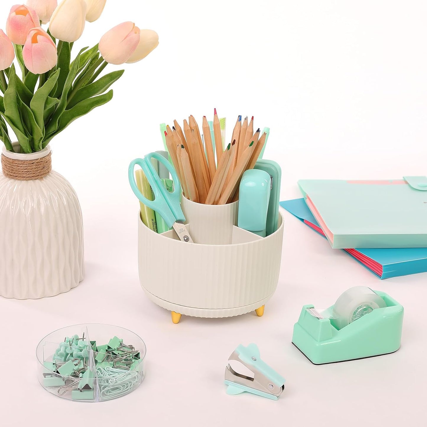 SKYDUE Pink Desk Accessories 10Pcs, Rotating Pen Holder for Desk, Stapler, Staple Remover, Tape Dispenser,2pcs Tape Refills, Binder Paper Clips Kit, Scissor,Pink Office School Supplies