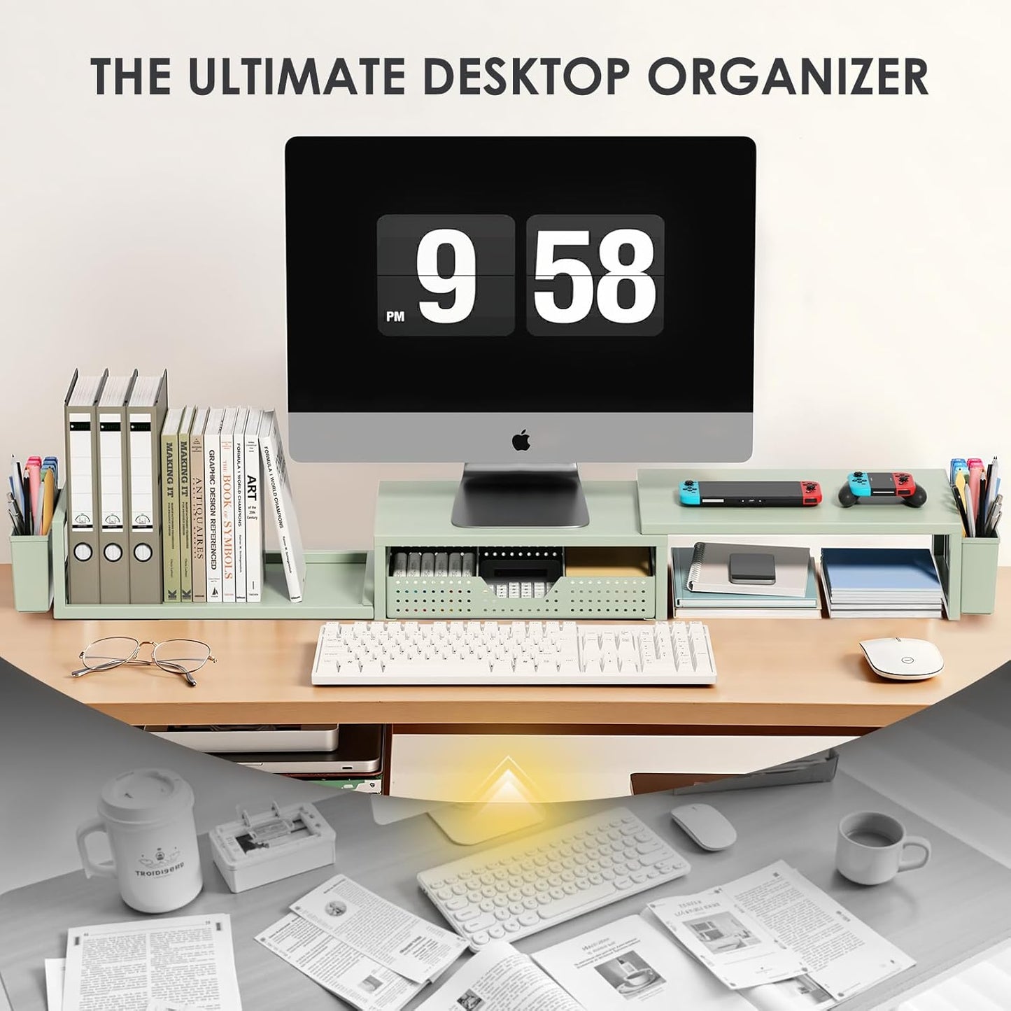 OPNICE Clear Acrylic Desk Organizers and Accessories, Dual Monitor Stand Riser with Drawer, Desk Shelf Computer Racks for Office Workspace Organizers, Desktop Organization (Transparent)