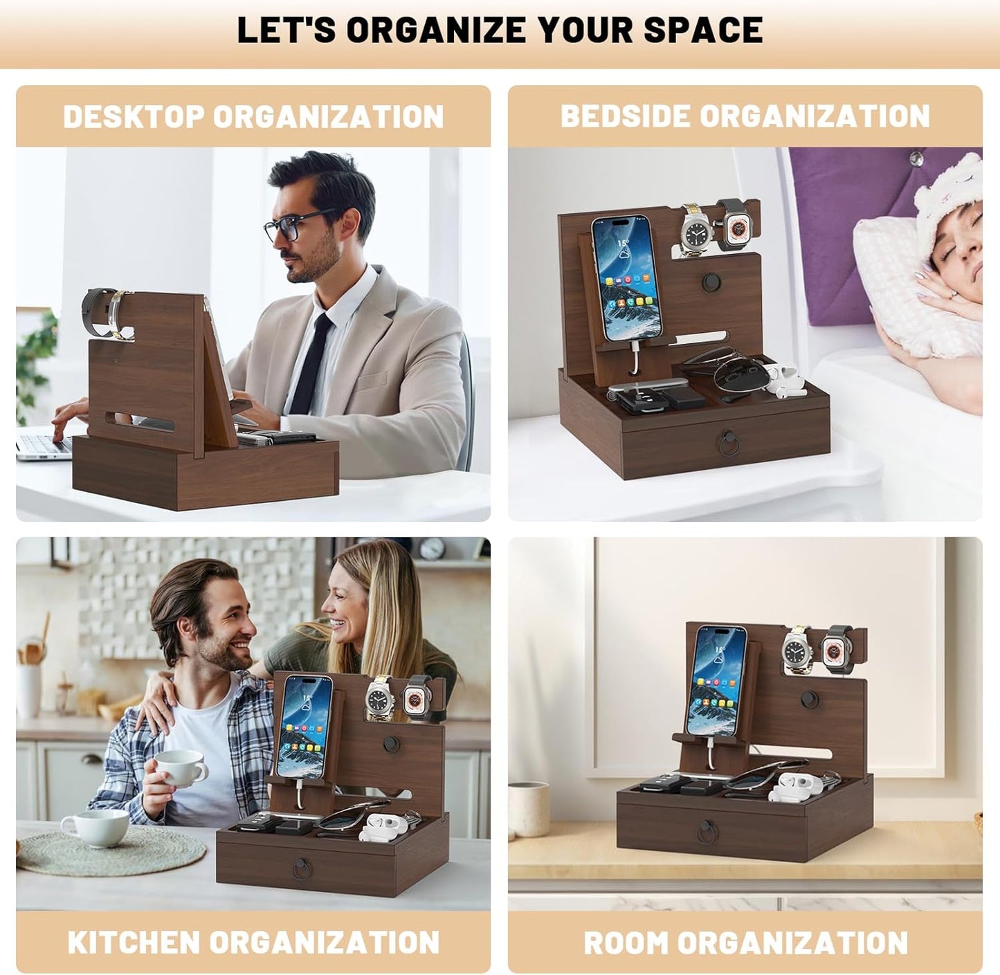 Wood Phone Docking Station with USB Ports and Outlets, Nightstand Organizer with Charging Station, Bedside Organizer with Drawer for Watch & Accessories, Christmas Anniversary Birthday Gifts for Men
