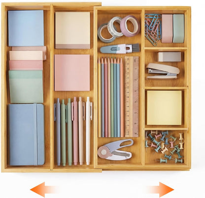 Bamboo Sliding Desk Drawer Organizer 8.2'' up to 16.4'' x 14.4'' x 2.2'' Expandable Office Desk Accessories Supplies Tray with 7 Compartments for Pens, Notebooks, Rulers, and Makeup Jewelry Vanity